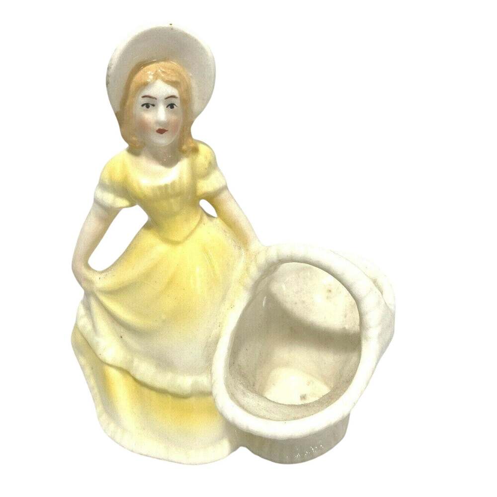 Czechoslovakia Porcelain Nut Dish Vintage Figural Southern Belle Lady & Basket